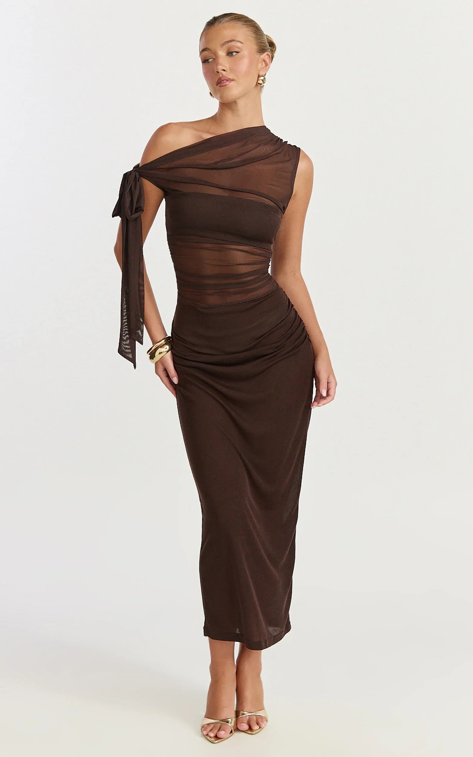 Astrid Midi Dress Asymmetrical Off Shoulder Tie Detail Dress in Chocolate