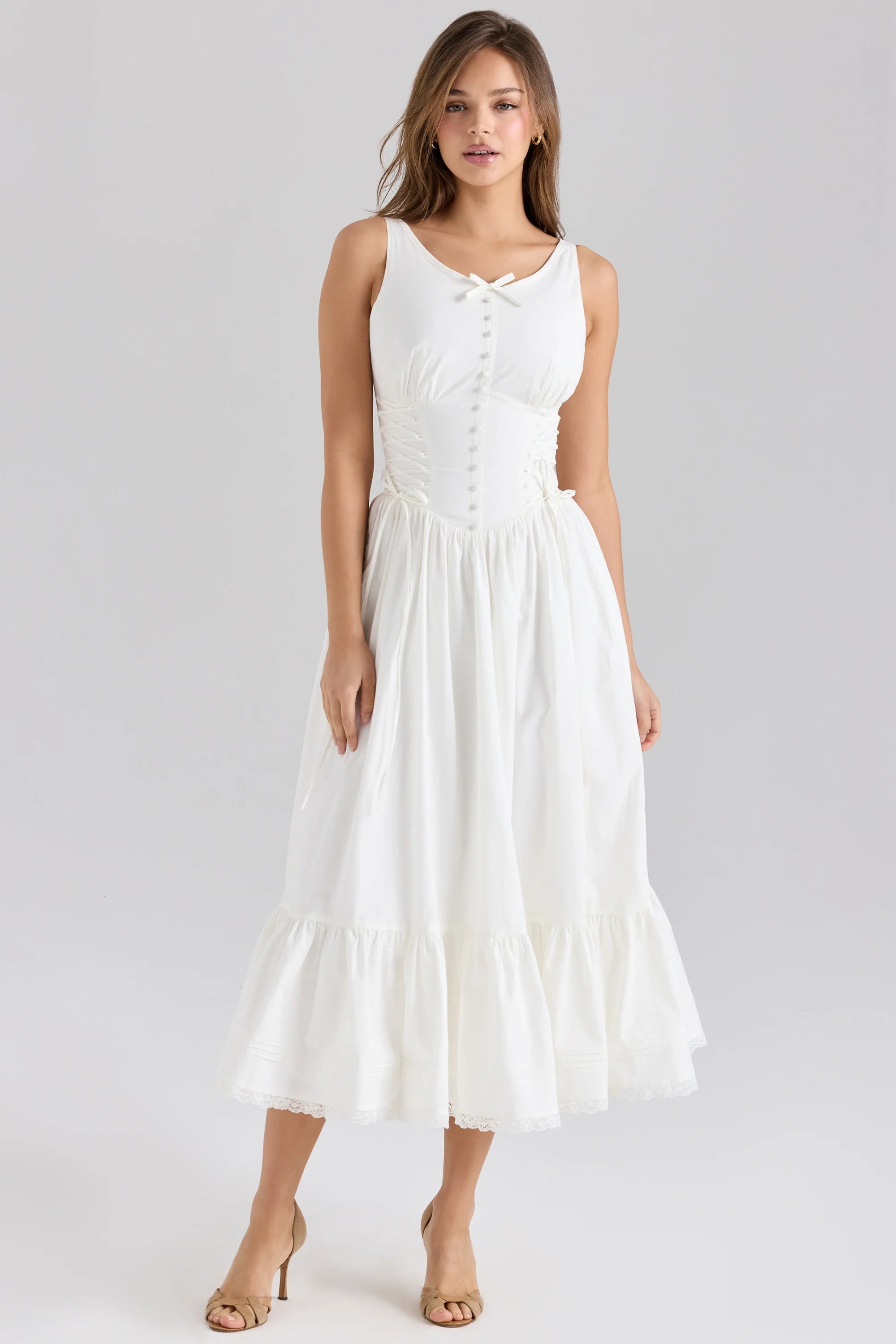 white stretch cotton lace up midi dress
