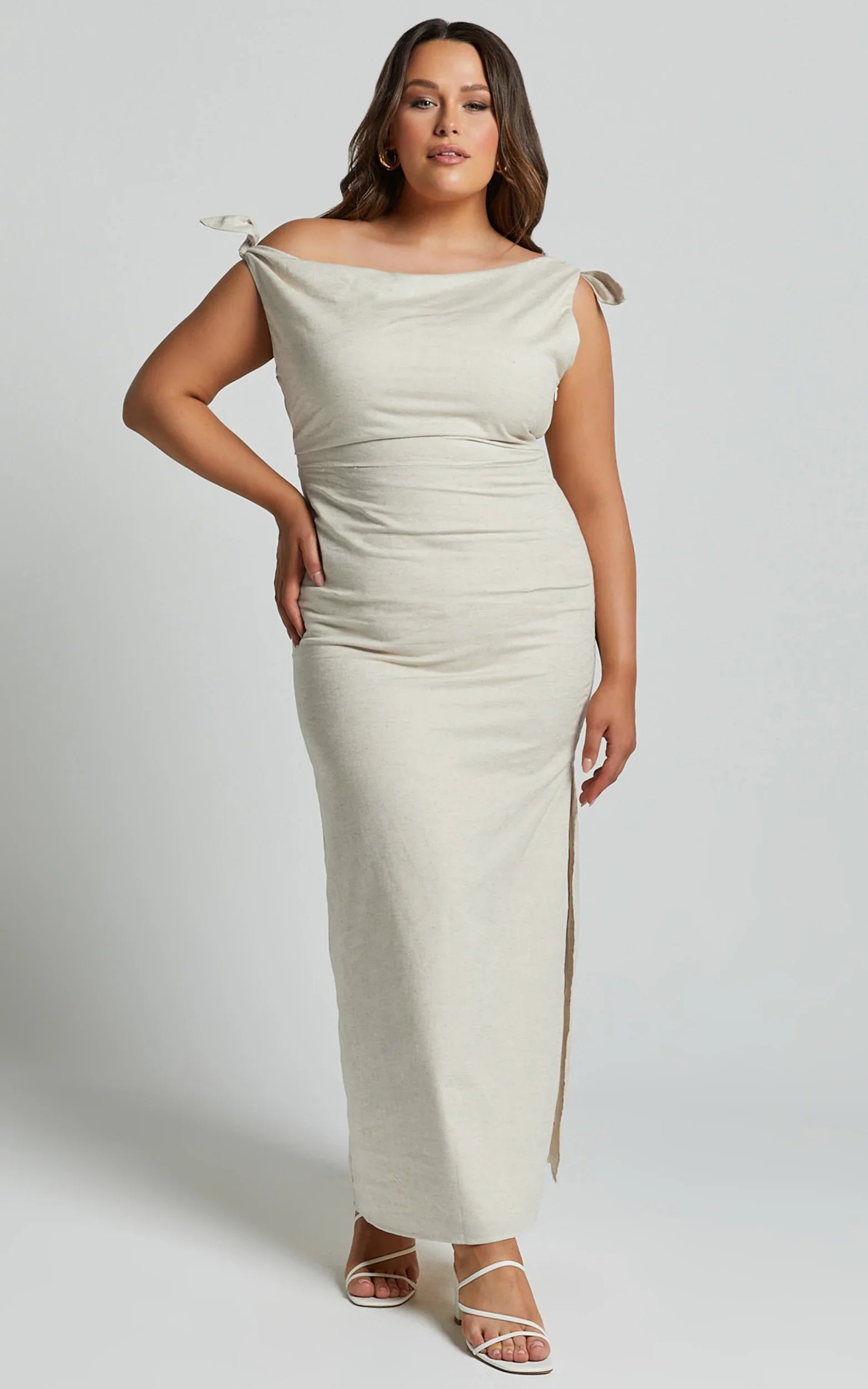 Cincinnati Midi Dress Off The Shoulder Side Split Column Linen Dress in Beige