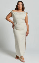 Cincinnati Midi Dress Off The Shoulder Side Split Column Linen Dress in Beige