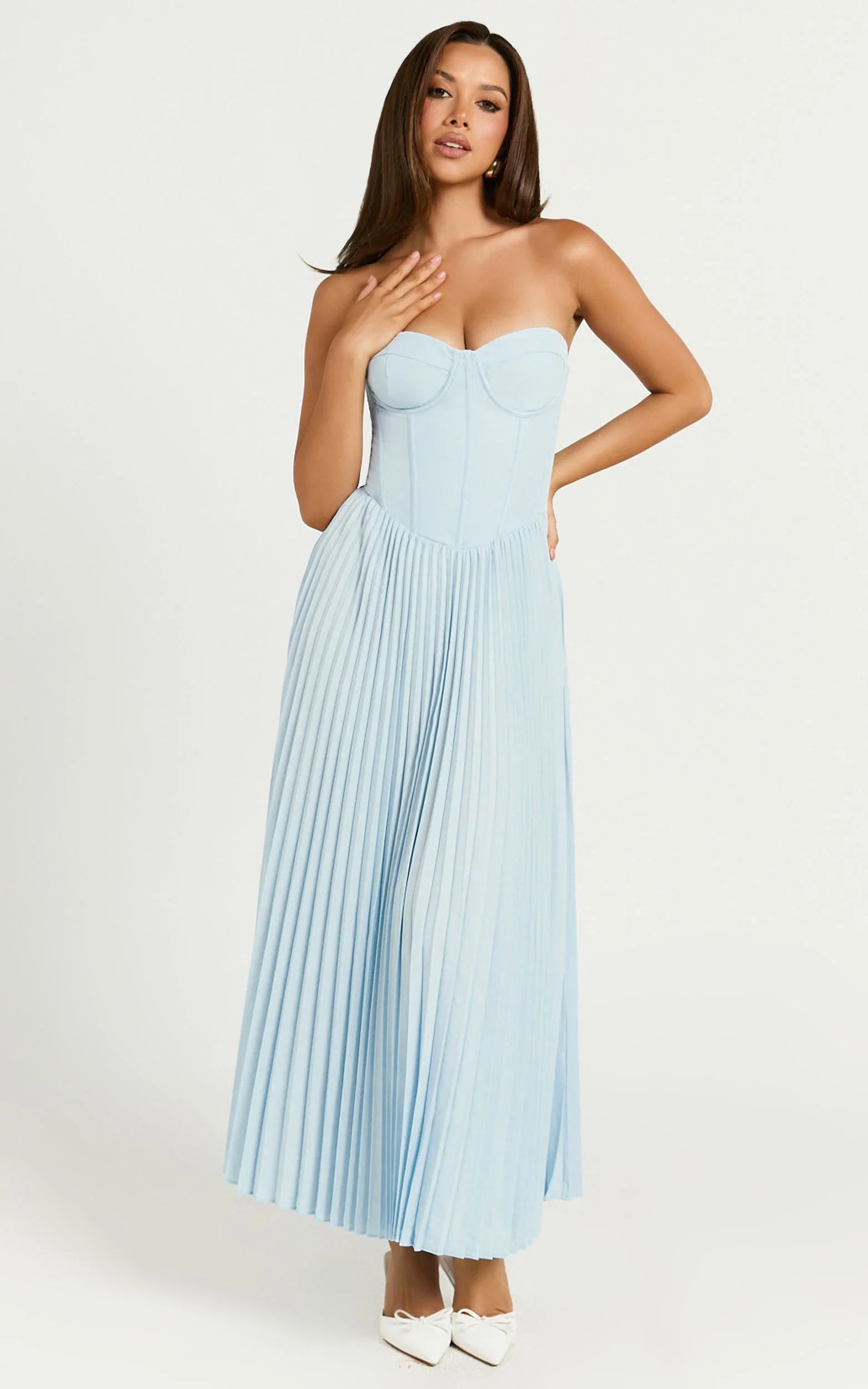 Loretta Midi Dress Lace Up Back Bustier Pleated Dress in Light Blue