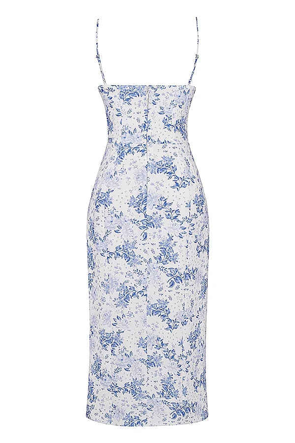blue print corset midi dress