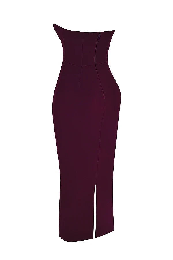 grape strapless corset maxi dress