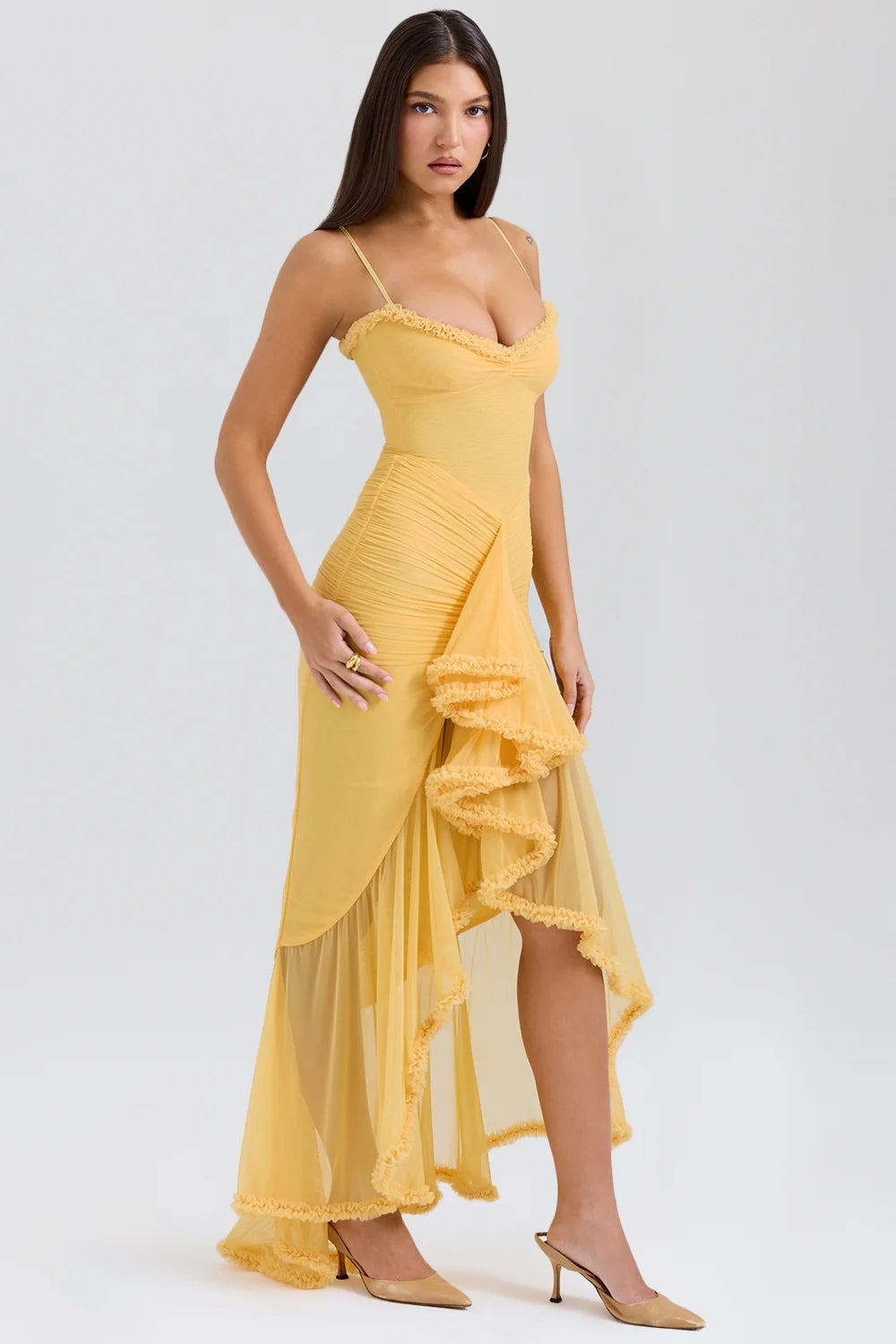 apricot ruffled front gown