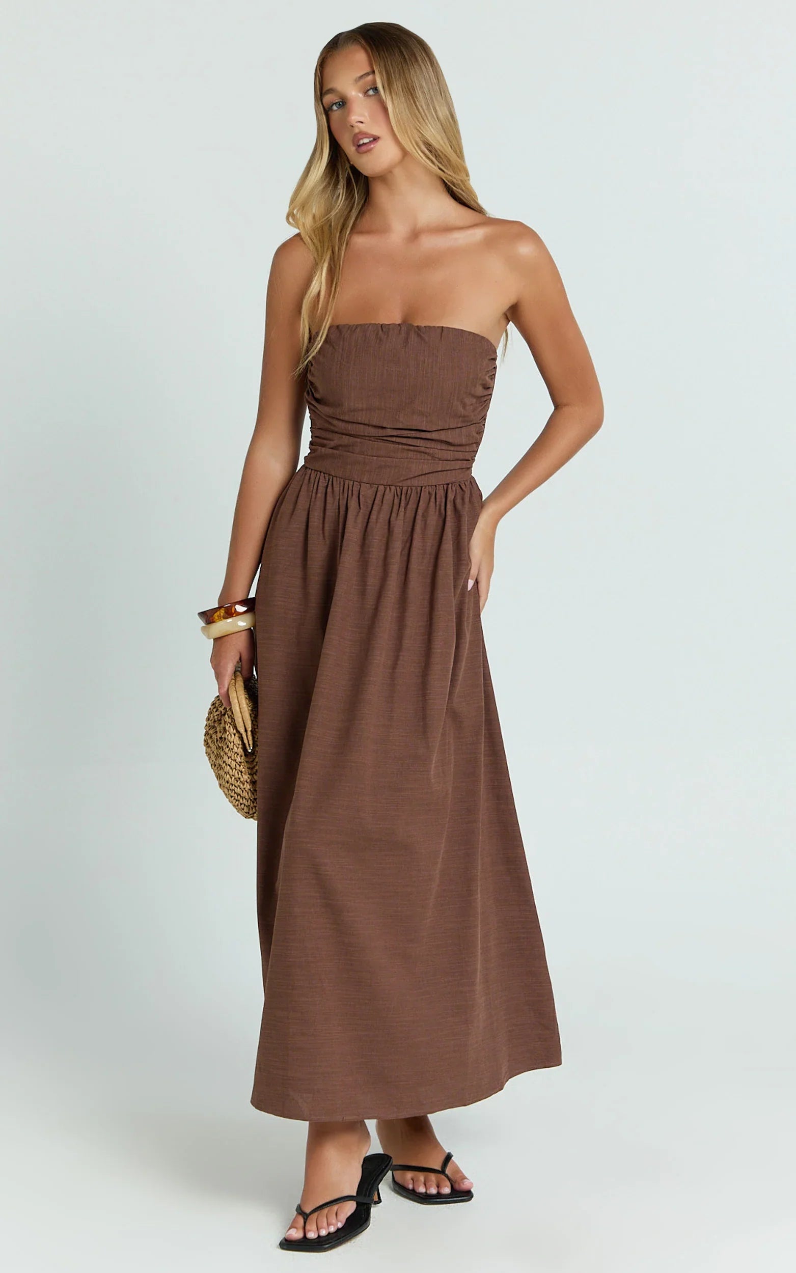 Polly Midi Dress Strapless Ruched Dress in Chocolate