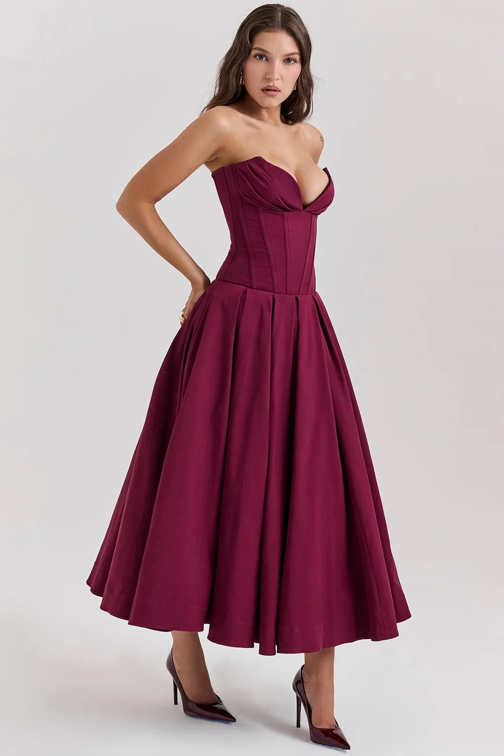 wine strapless midi dress