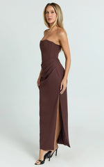 Avery Midi Dress Strapless Draped Side Split Dress in Chocolate