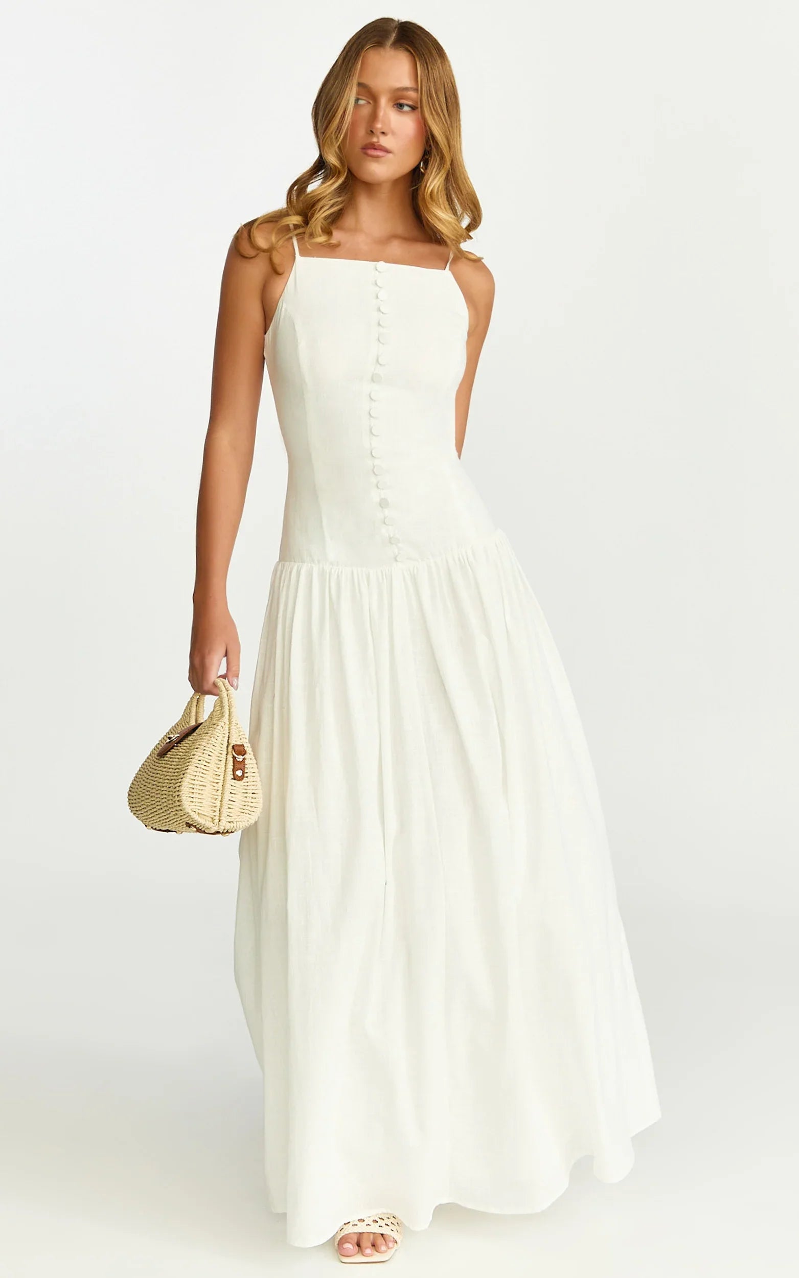 Cortez Maxi Dress Square Neck Button Down Dropped Waist Dress in White