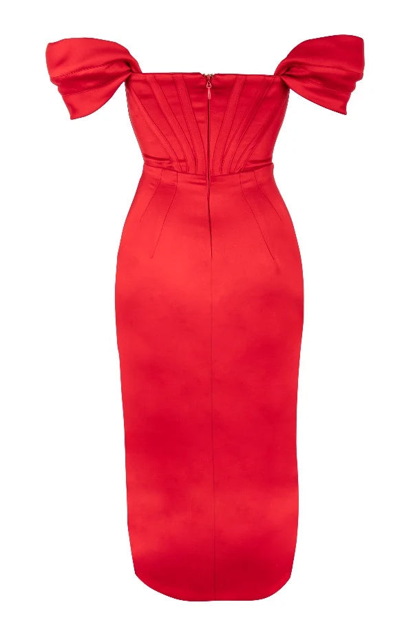 red satin off shoulder dress