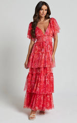 Leianna Midi Dress Tulle Flutter Sleeve Tiered Ruffle Dress in Sunset Floral