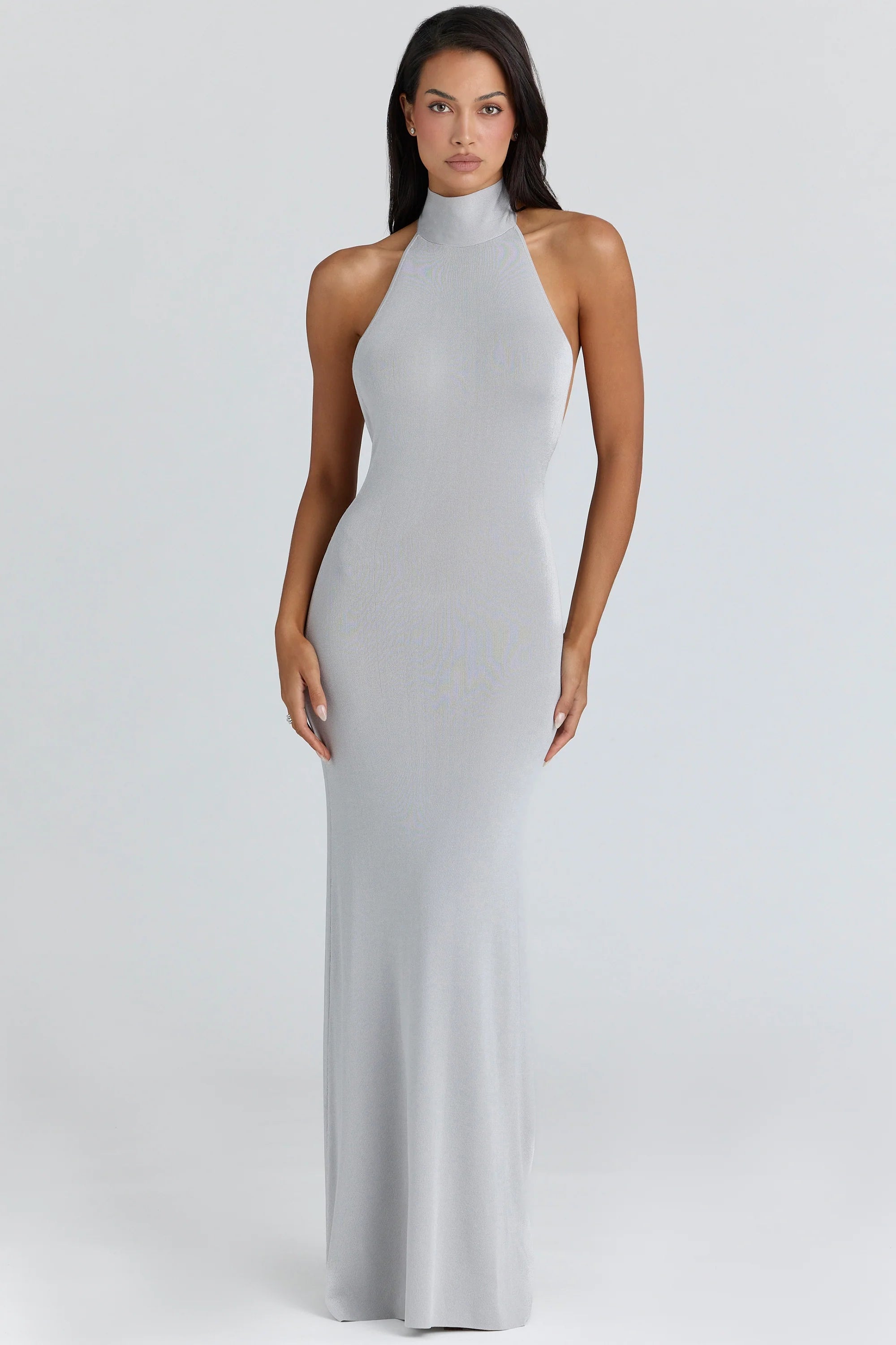 silver grey halter neck backless maxi dress