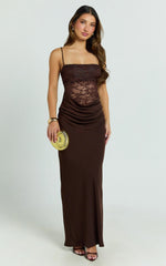 Rania Maxi Dress Contrast Lace Bodice Bias Cowl Drop Waist Dress in Chocolate