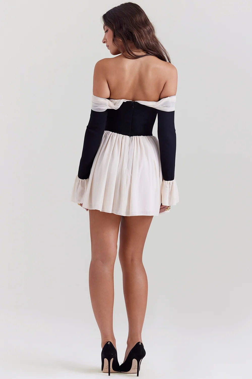 black cream off shoulder dress