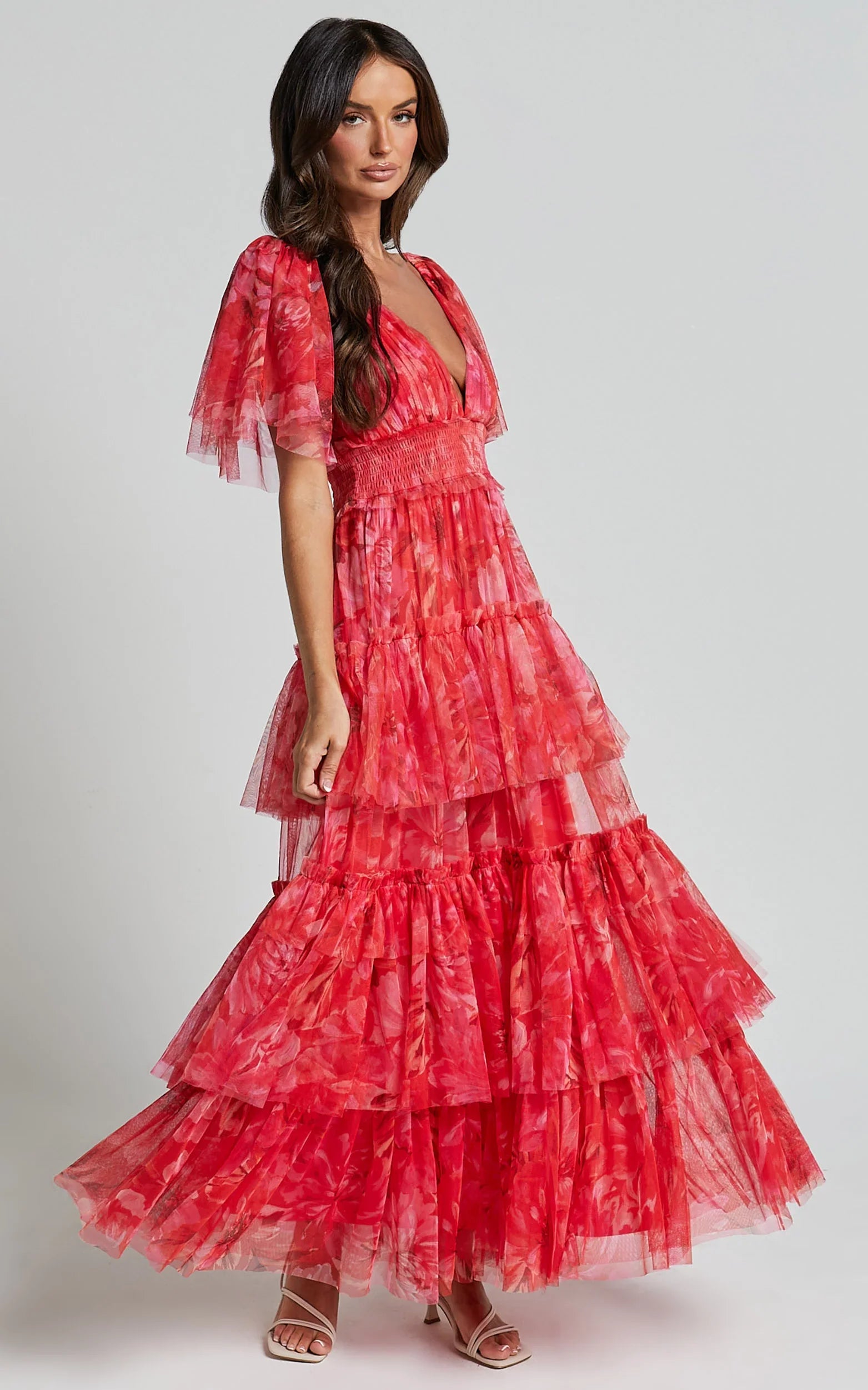 Leianna Midi Dress Tulle Flutter Sleeve Tiered Ruffle Dress in Sunset Floral