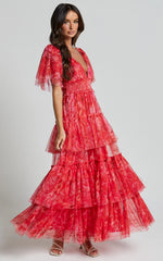 Leianna Midi Dress Tulle Flutter Sleeve Tiered Ruffle Dress in Sunset Floral