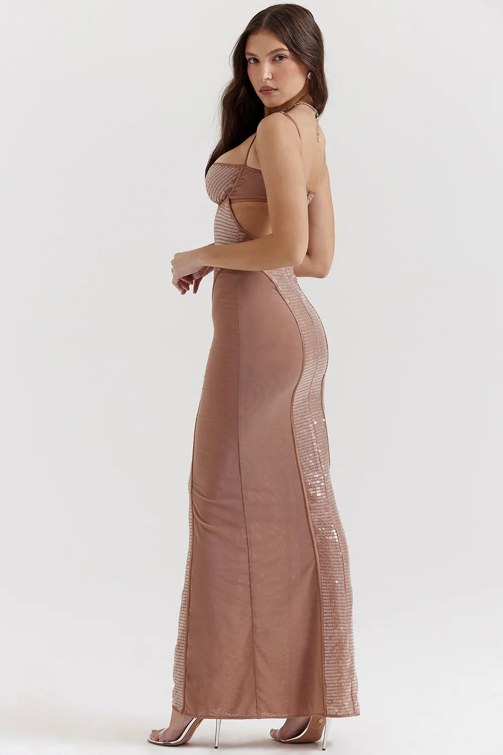 cafe au lait sequin maxi dress