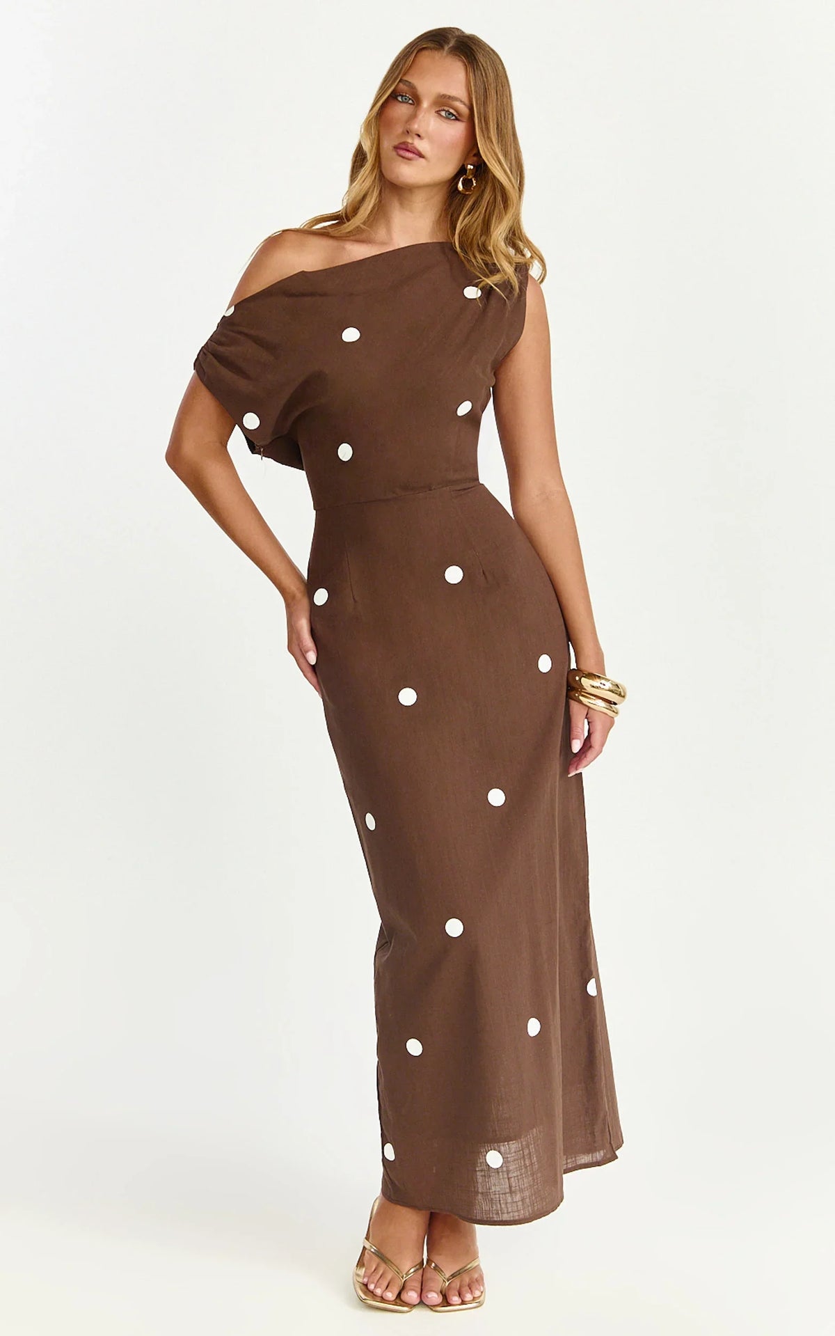 Cia Maxi Dress Tipped Shoulder Linen Polkadot Dress in Chocolate