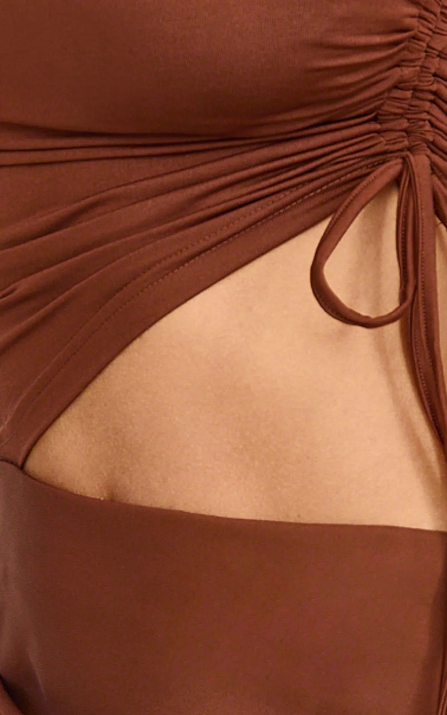 Fergie Maxi Dress Strapless Side Ruched Cut Out Fitted Dress in chestnut brown