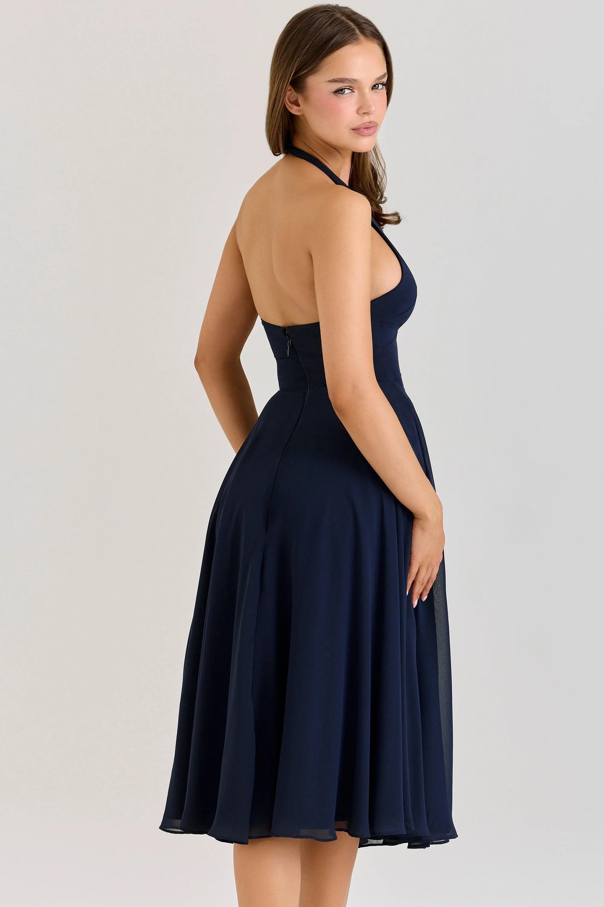 navy georgette halter midi dress