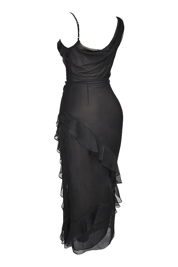 black ruffle maxi dress