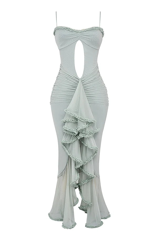 pistachio ruffled front gown