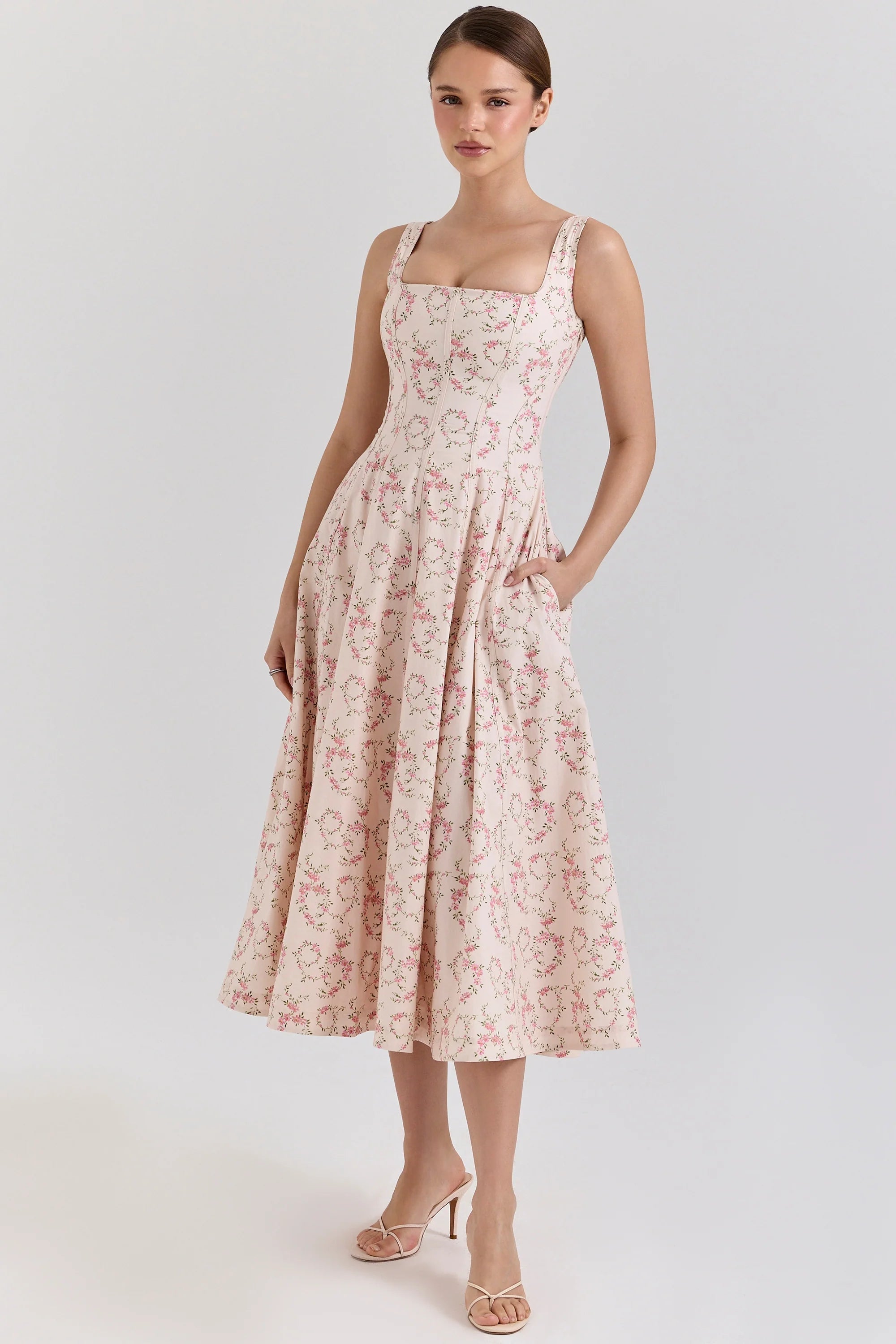 cream floral print cotton midi sun dress