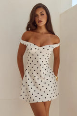 AVETA OFF SHOULDER MINI DRESS WHITE BLACK POLKA