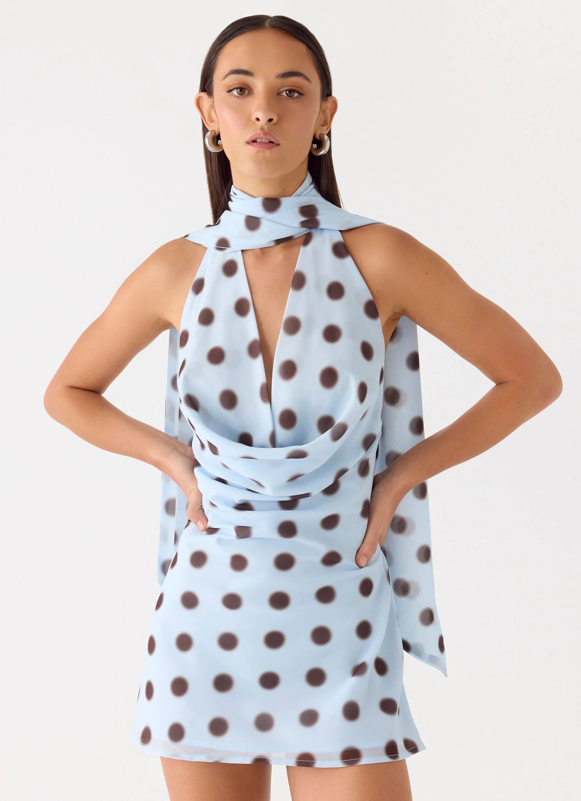 Get Me Halter Mini Dress Blue Mocha Dot