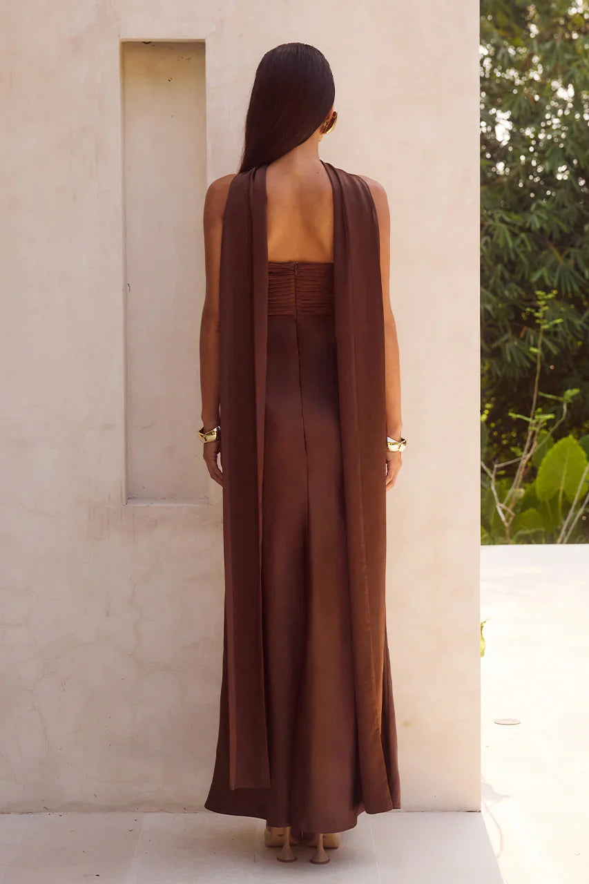 ELSA STRAPLESS SCARF MAXI DRESS CHOCOLATE