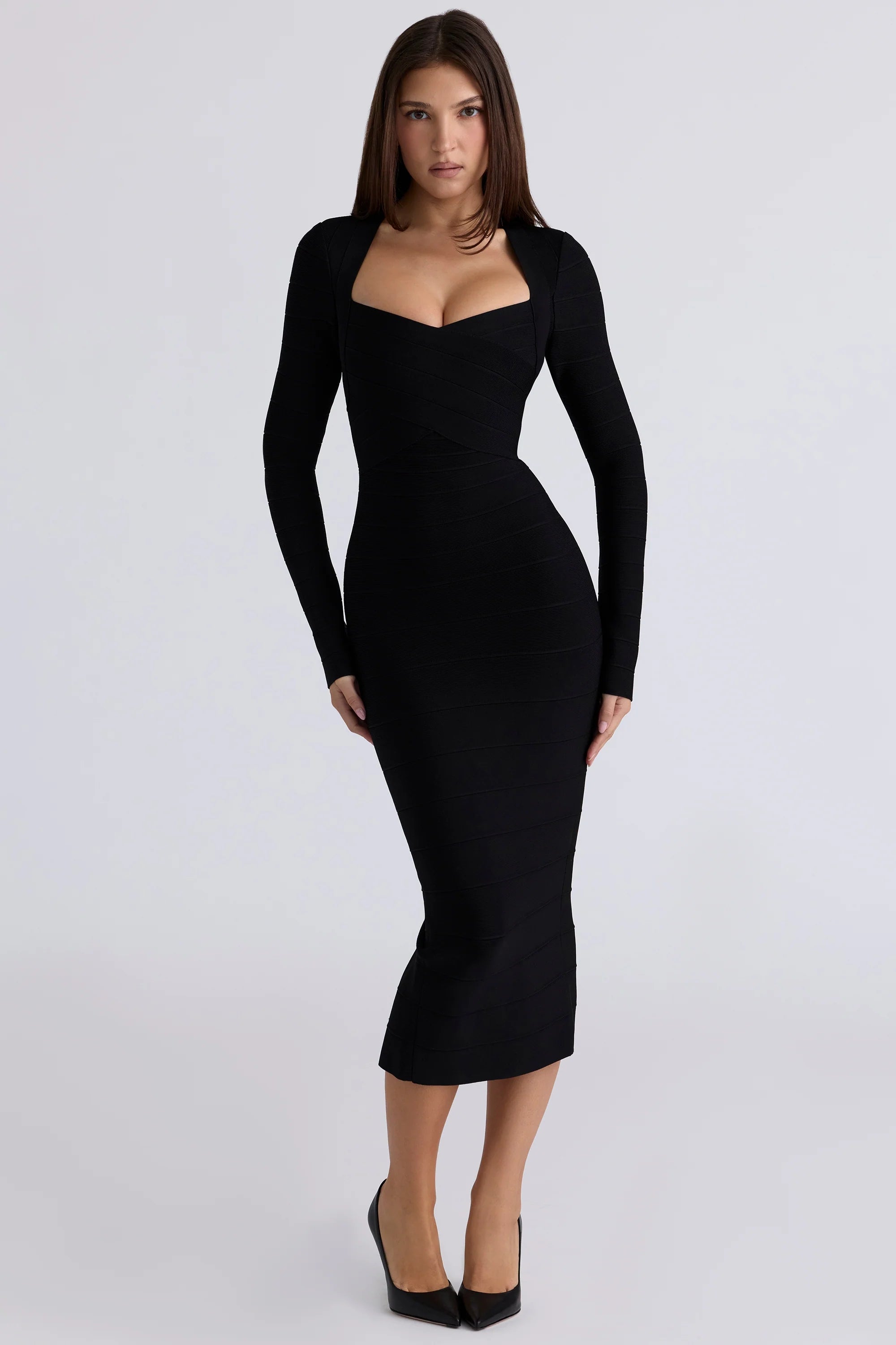 black long sleeve bandage midi dress
