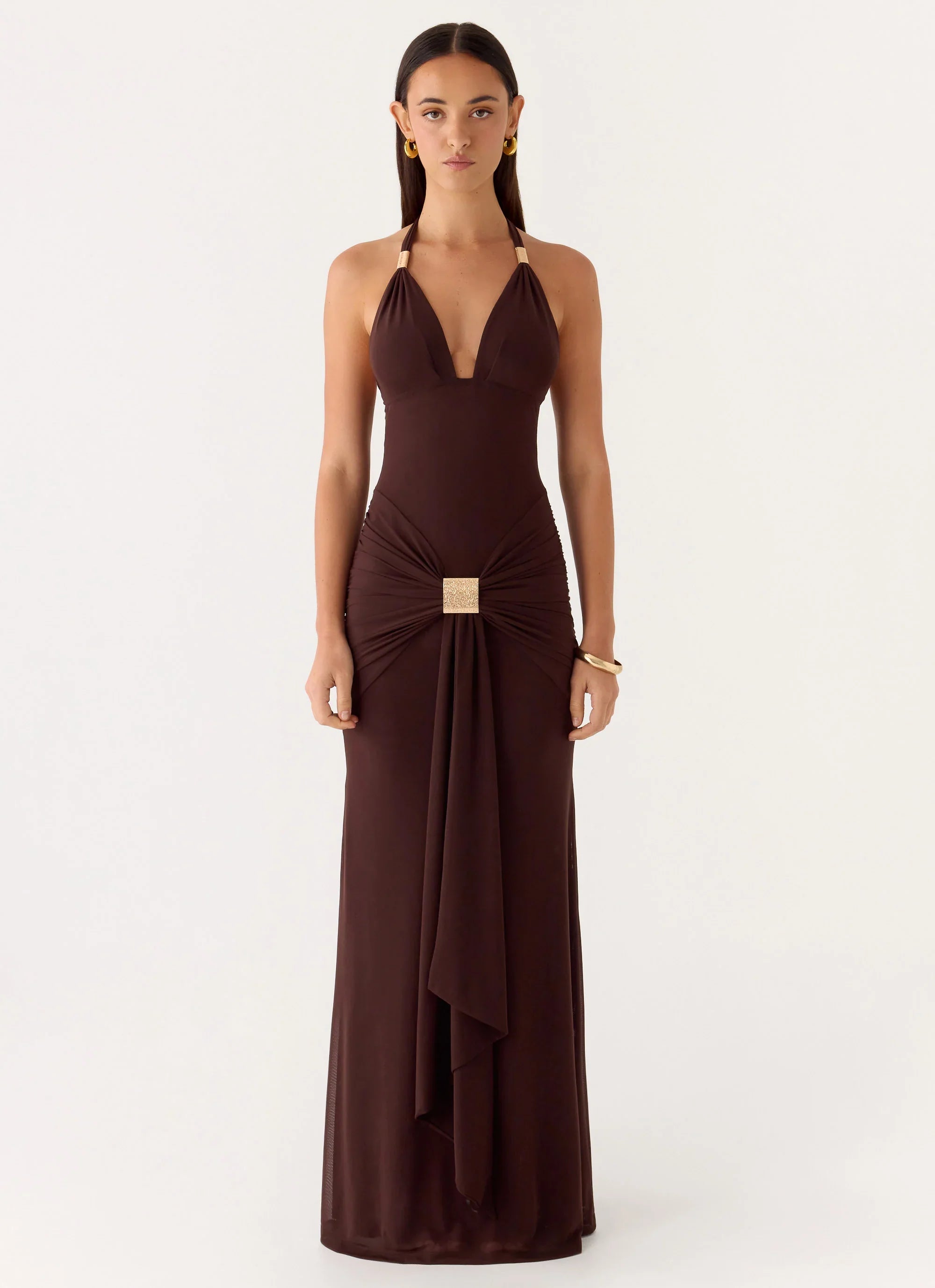 Miyah Halter Hardware Maxi Dress Chocolate