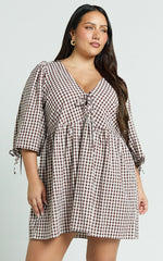 Rosita Mini Dress Tie Front Puff Sleeve Dress in Brown and White Check
