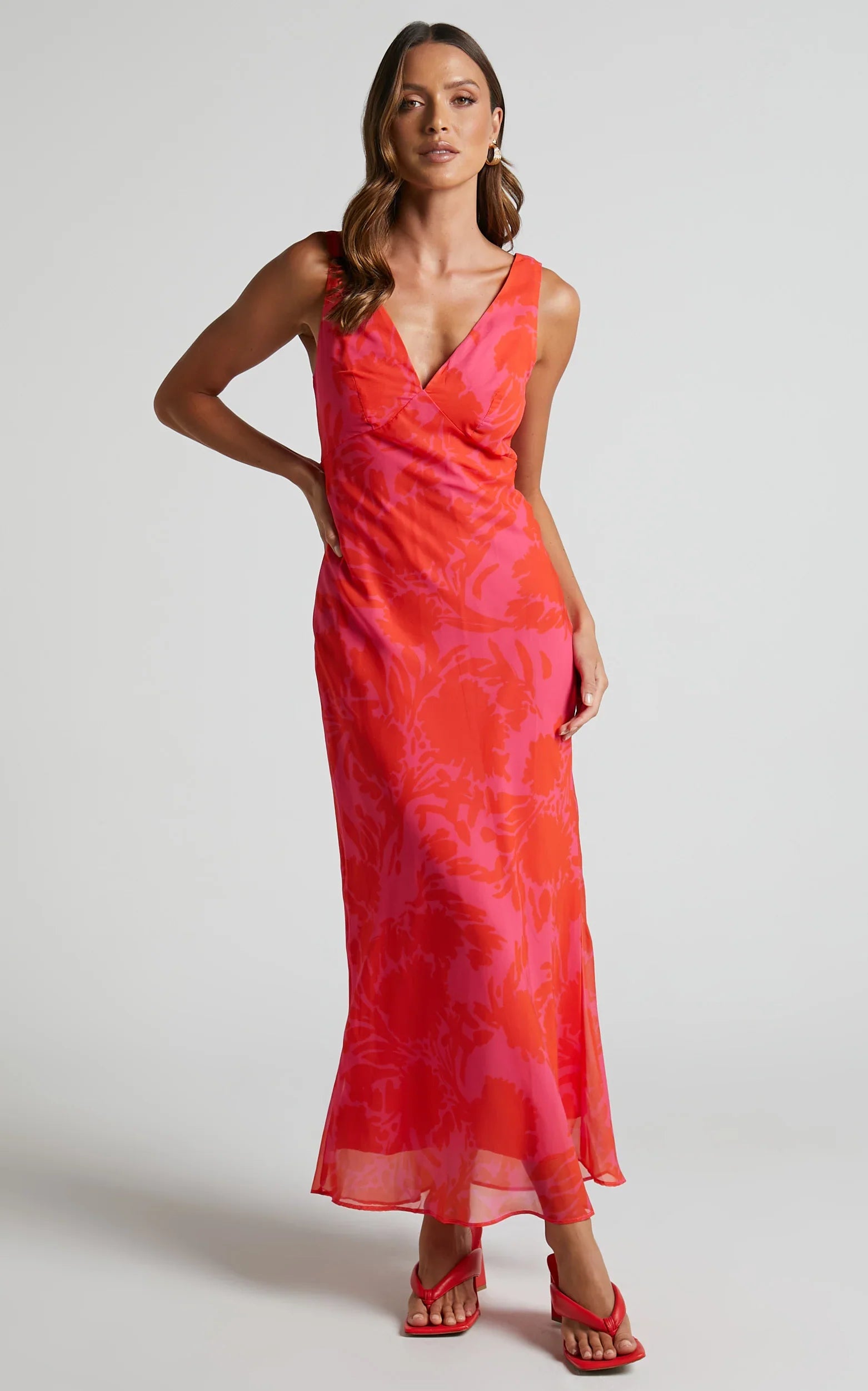 Jodie Midi Dress V Neck Slip Dress in Pink Floral