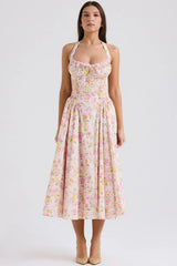pink meadow print cotton halter midi sundress