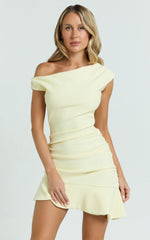 Goldie Mini Dress Tipped Off Shoulder Cap Sleeve Ruched Fitted Ruffle Hem Skirt Dress in Lemon