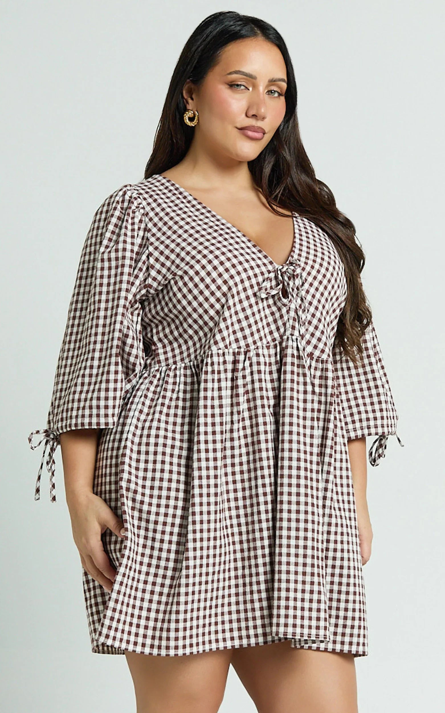 Rosita Mini Dress Tie Front Puff Sleeve Dress in Brown and White Check
