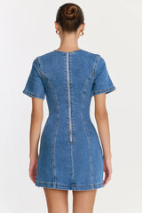 Camellia Mini Dress High Neck A Line Dress in Mid Blue Wash