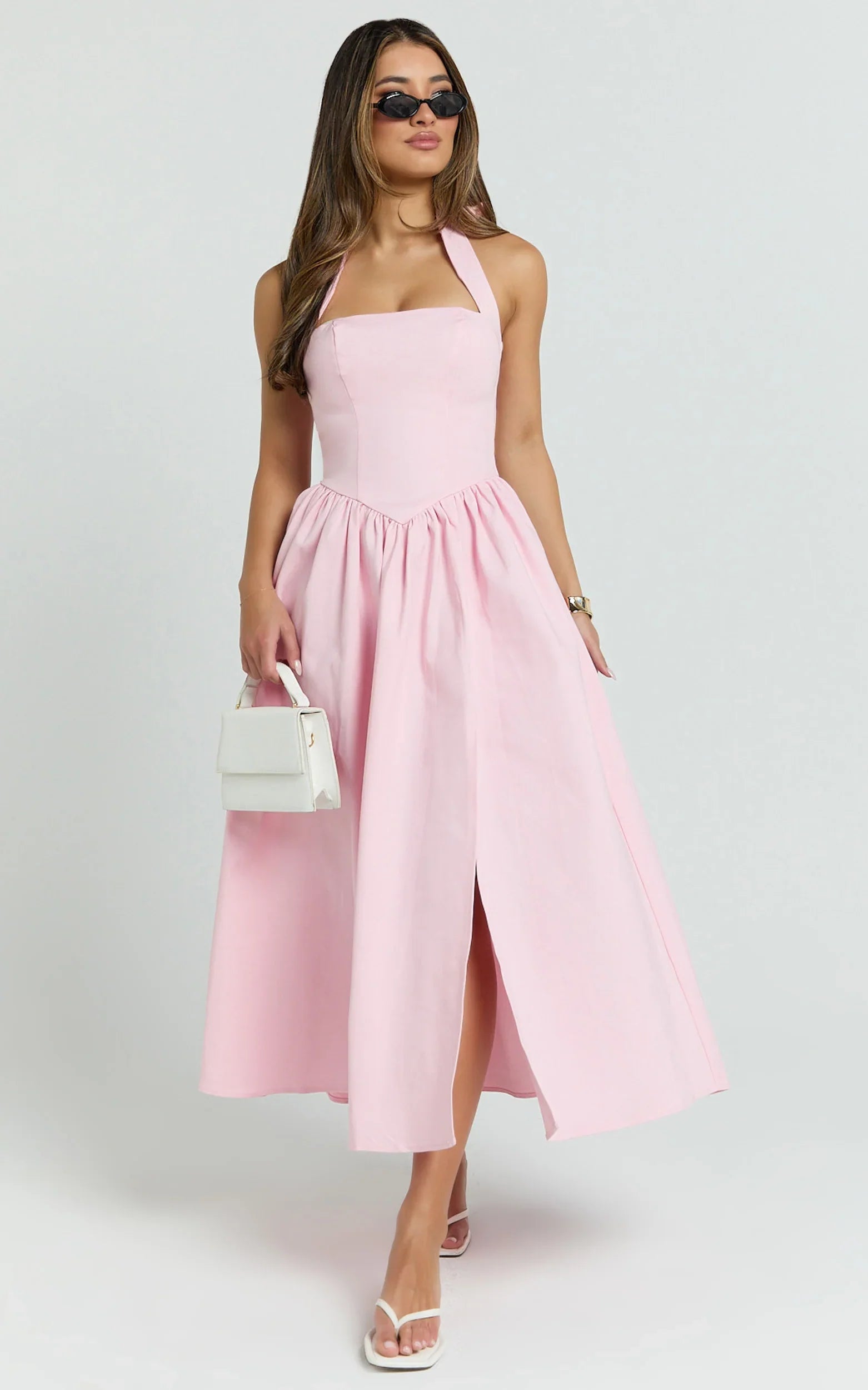 Helda Midi Dress Halter Tie Neck Corset Panel Dress in Pink