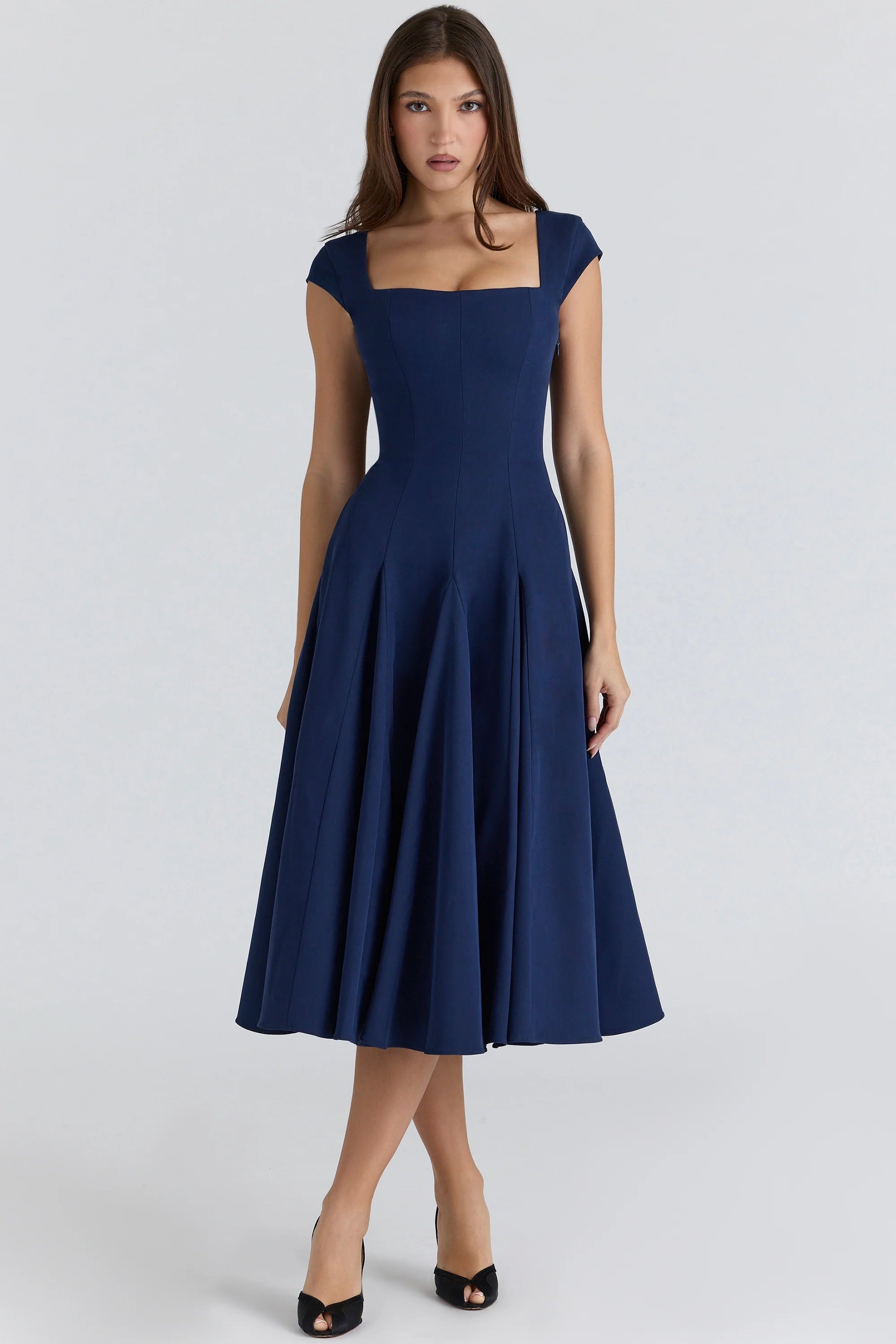 navy lace back twill midi dress