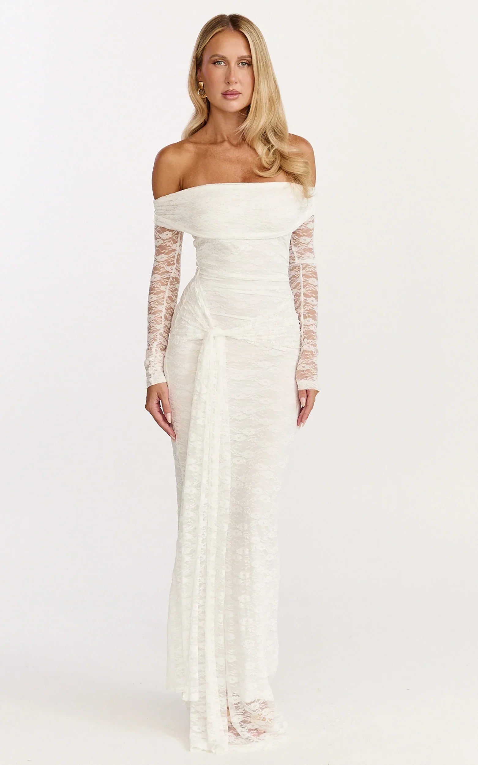 Melville Maxi Dress Off Shoulder Long Sleeve Lace Dress in White
