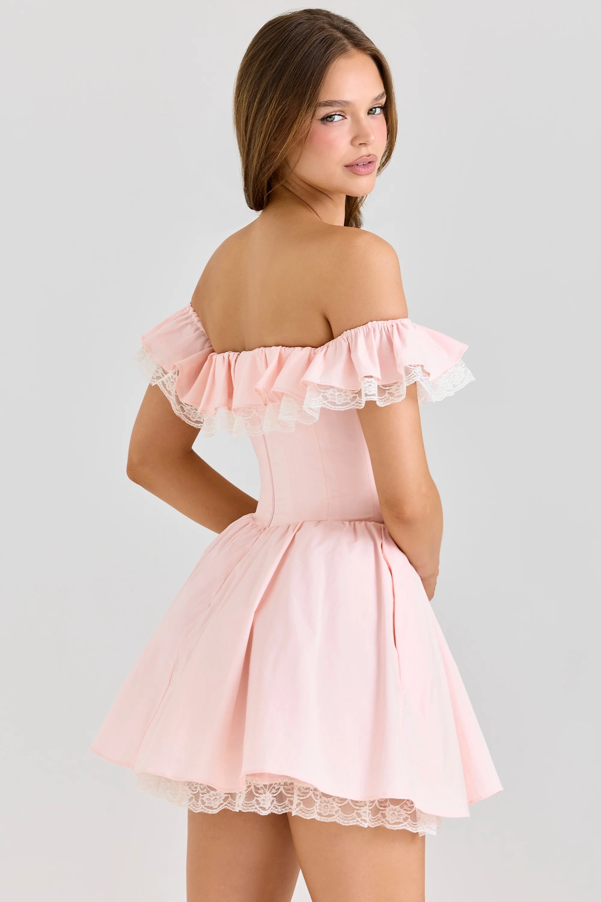 pink stretch cotton off shoulder corset mini dress
