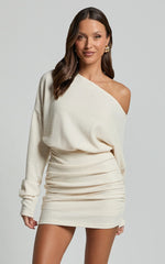 Alyce Mini Dress Long Sleeve One Shoulder Dress in Off White