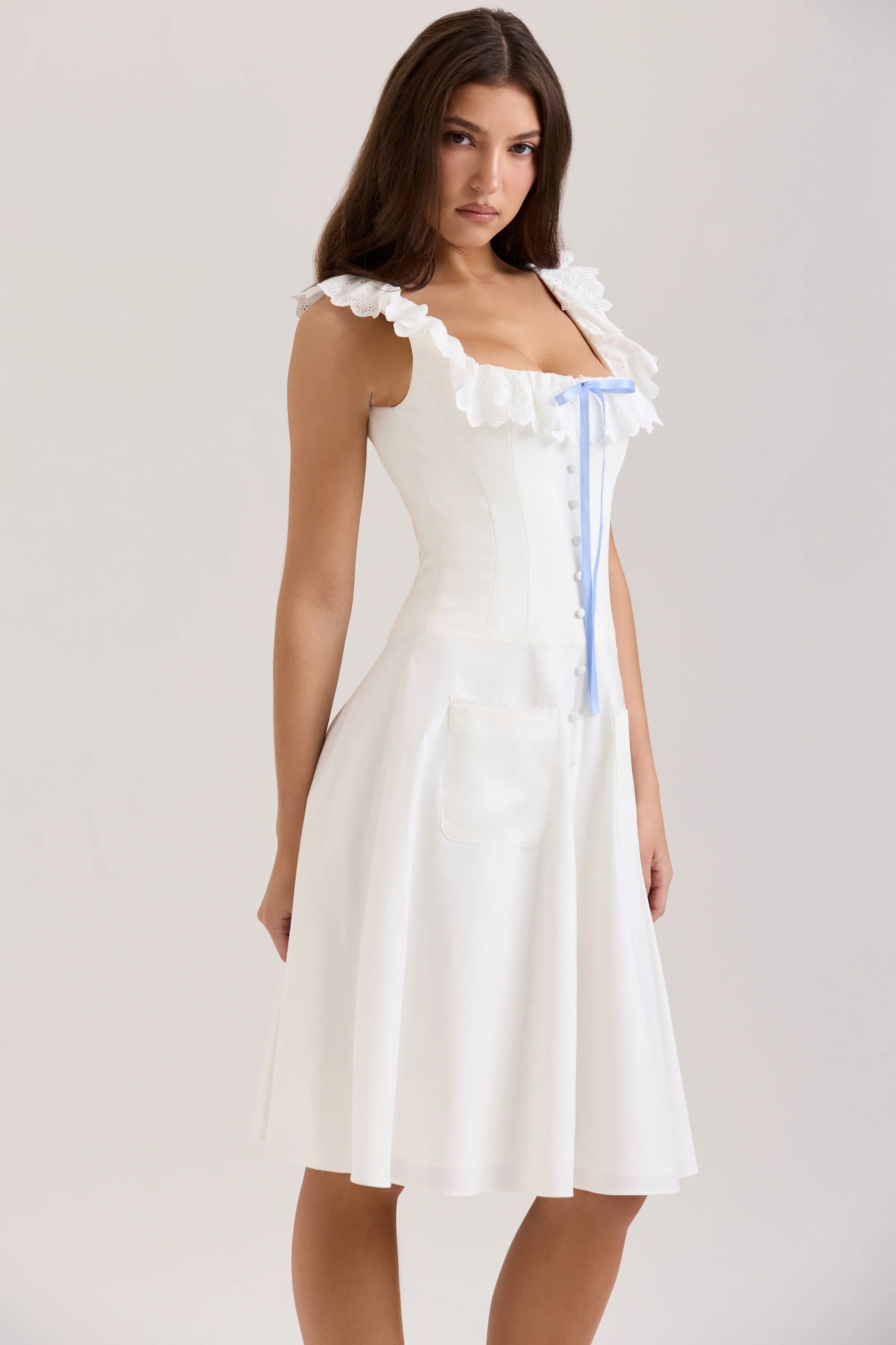 white cotton broderie anglaise trim midi dress