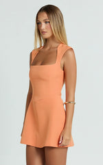 Sakura Mini Dress Square Neck Wide Strap A Line Skirt Dress in Orange