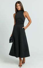 Macy Midi Dress High Neck A Line Dress in Black