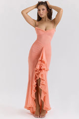 peach mesh ruffled front gown