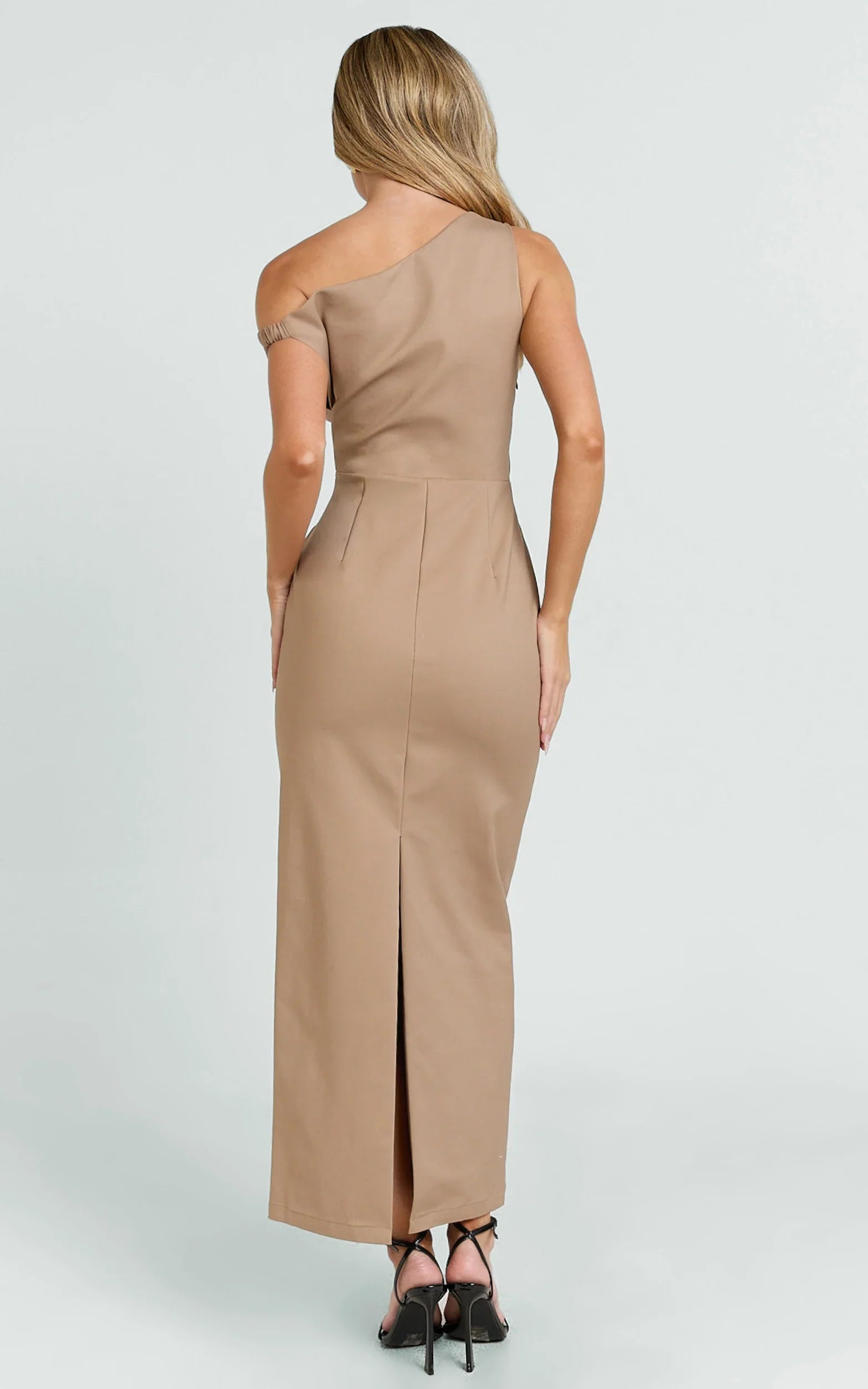 Alexandria Midi Dress Tip Shoulder Draped Fitted Dress in Mocha