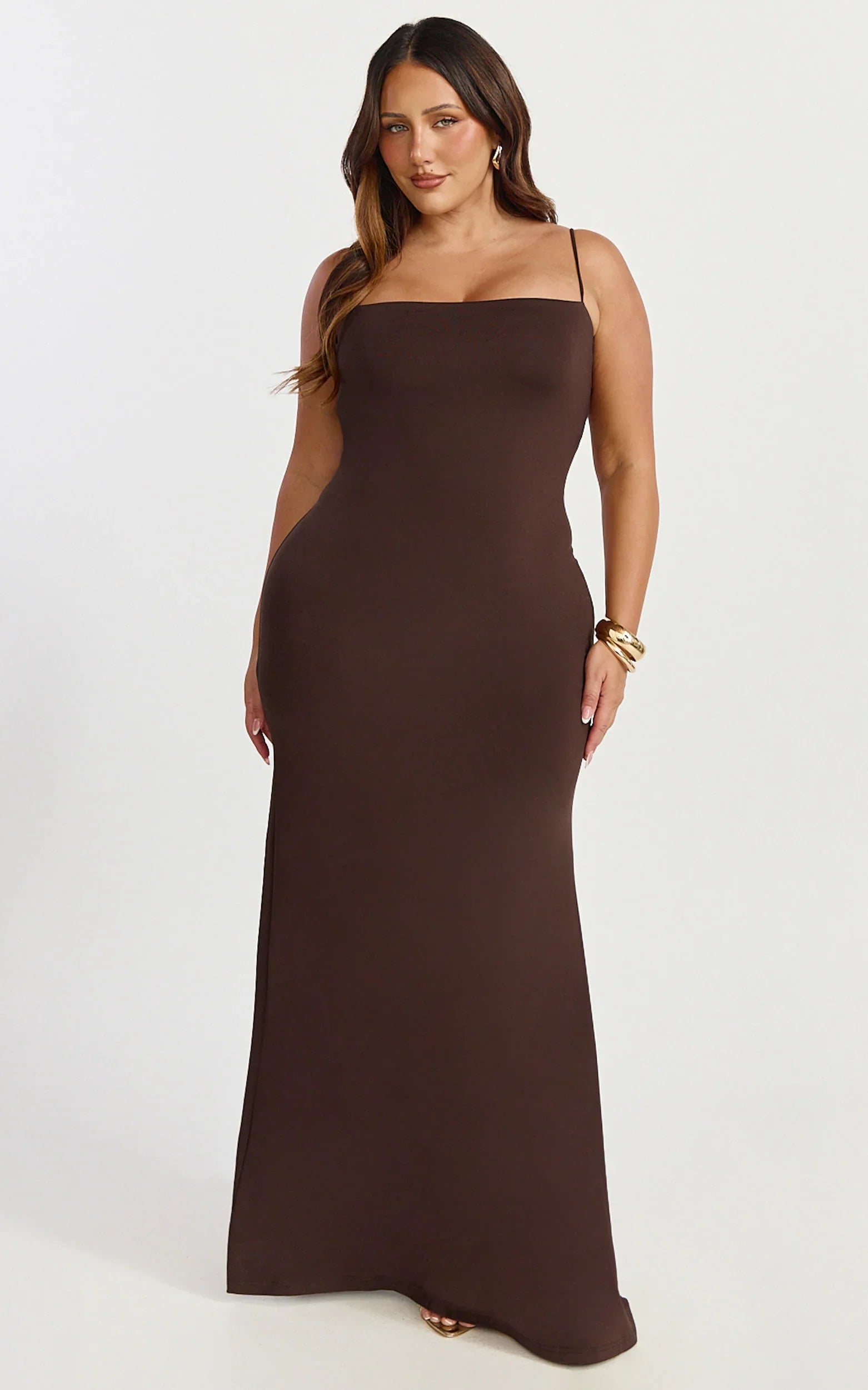 Edna Maxi Dress Straight Neck A Line Maxi Dress in Choc