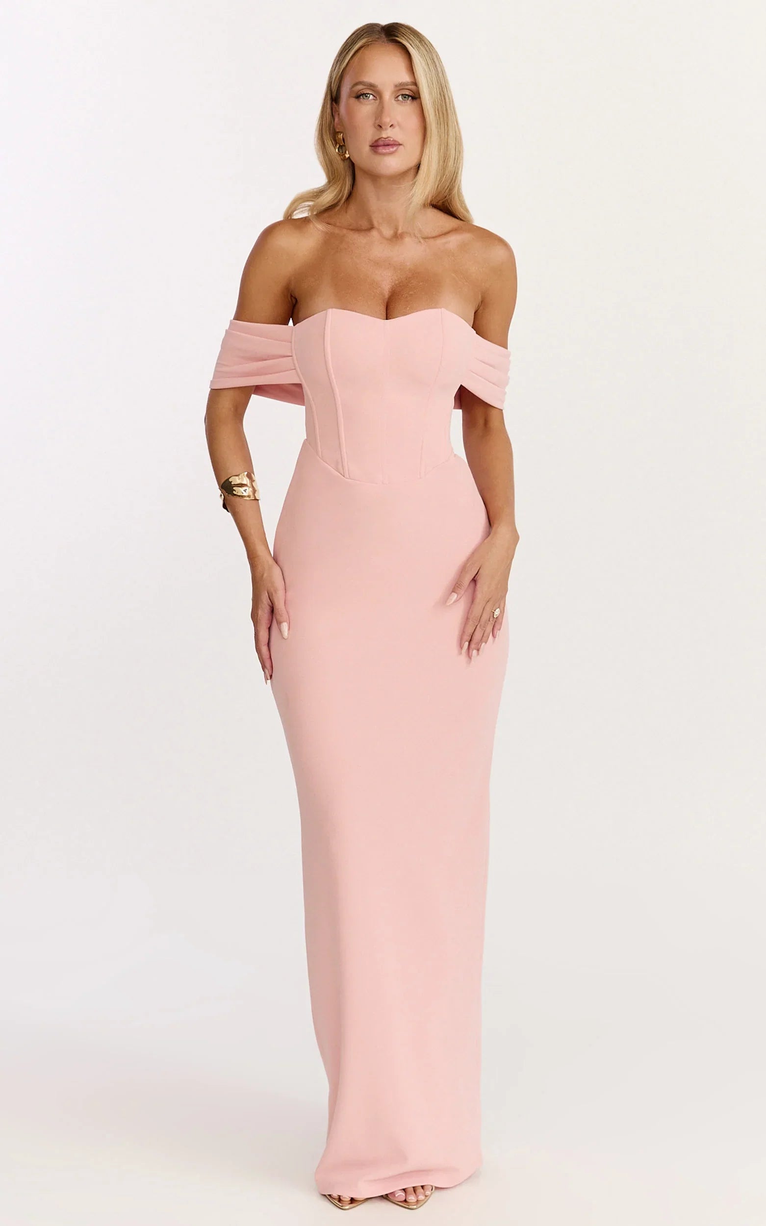 Karina Maxi Dress Off Shoulder Corset Bodice Lace Up Back Dress in Pink