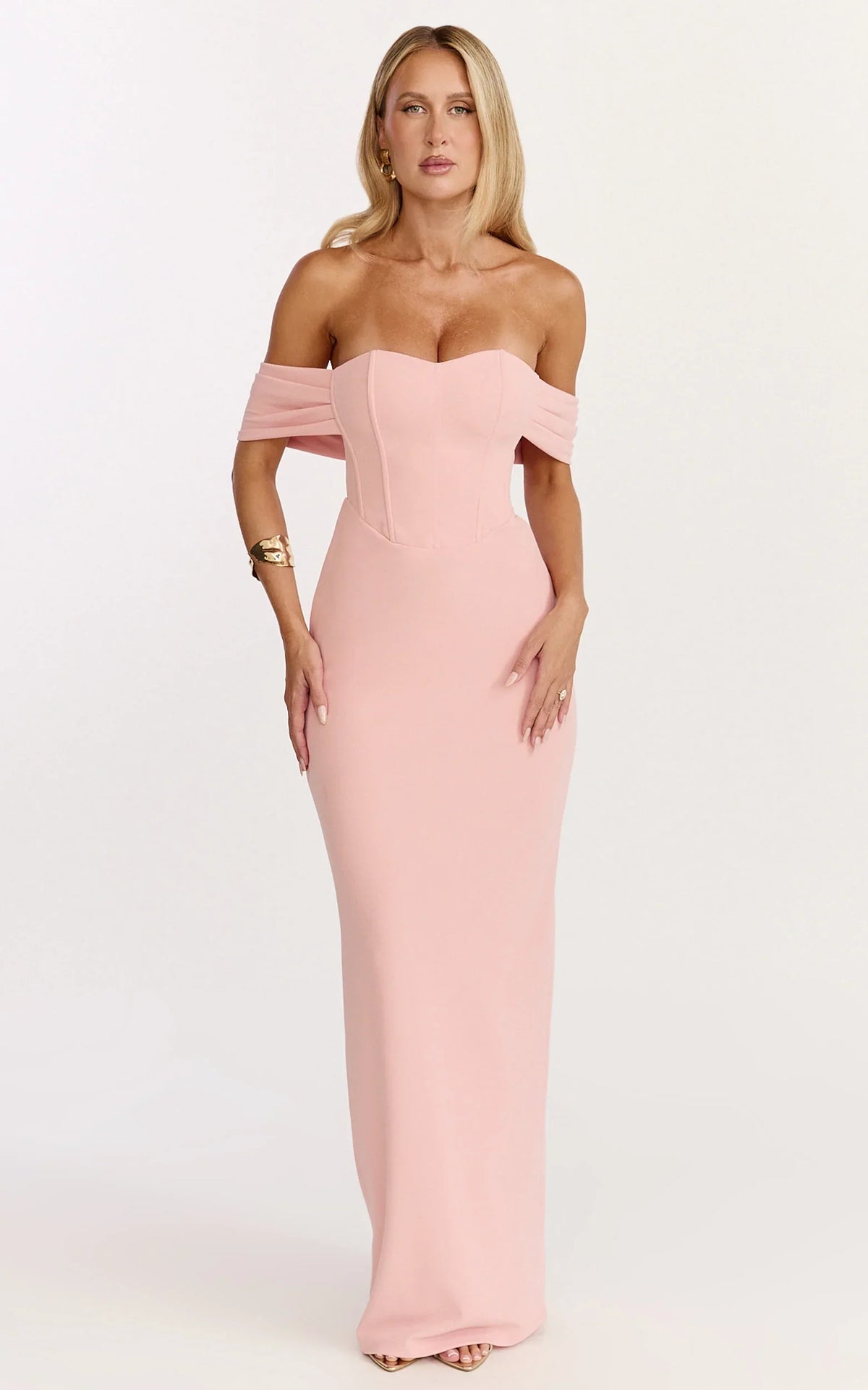 Karina Maxi Dress Off Shoulder Corset Bodice Lace Up Back Dress in Pink